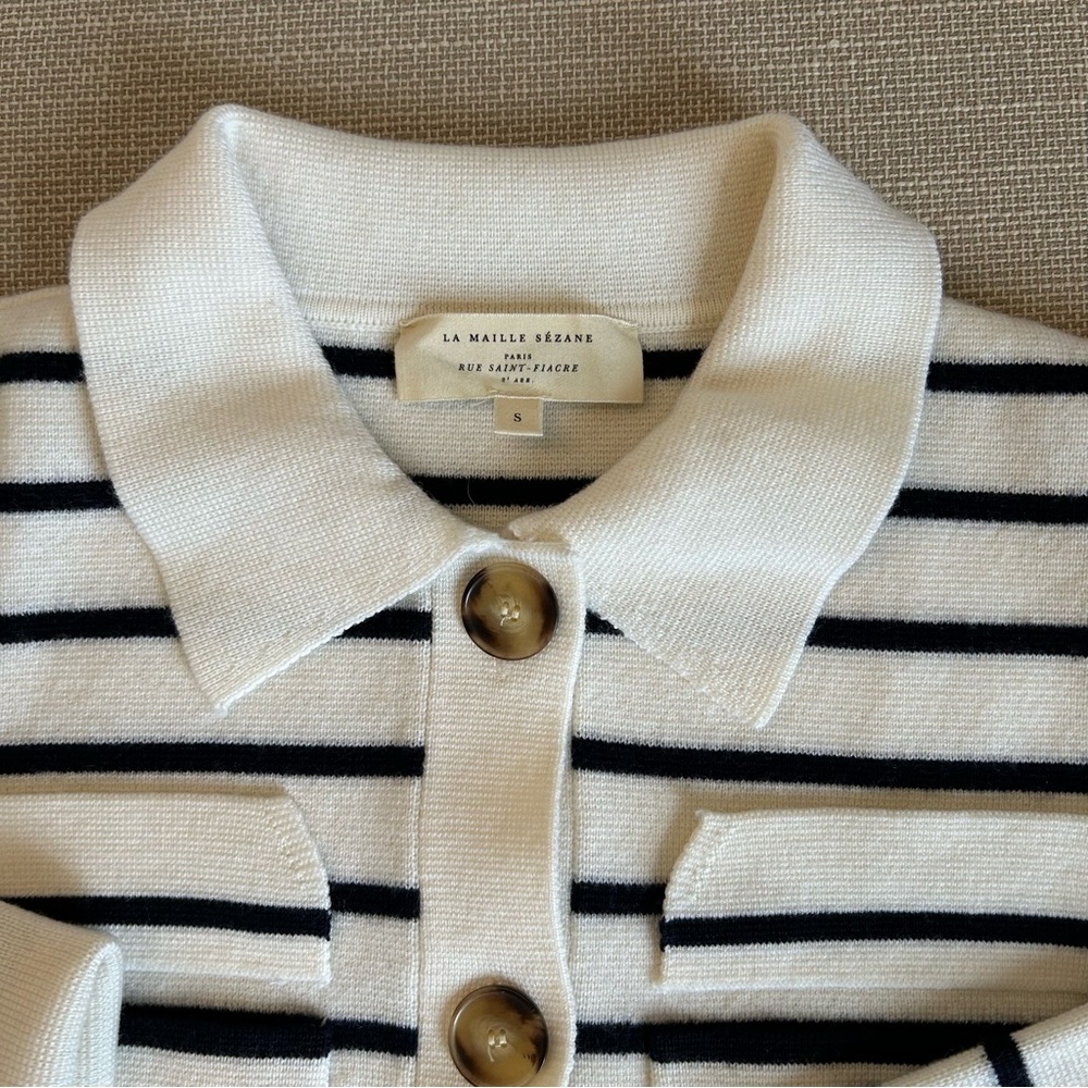 BEST Sezane Betty Cardigan Navy Ecru Striped French Wool Causal Classic - Picture 5 of 9